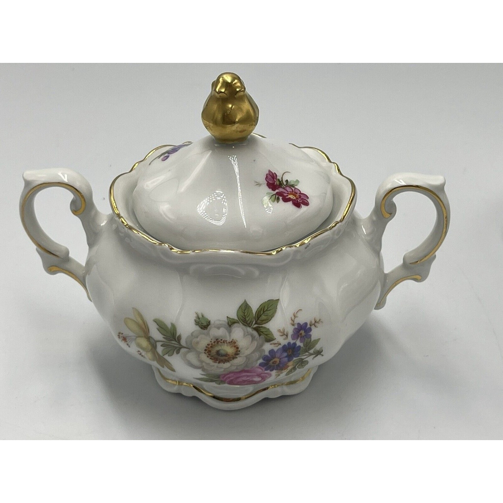 Meissen Mitterteich Floral VTG White Sugar Bowl & Lid Floral With Gold Trim MCM